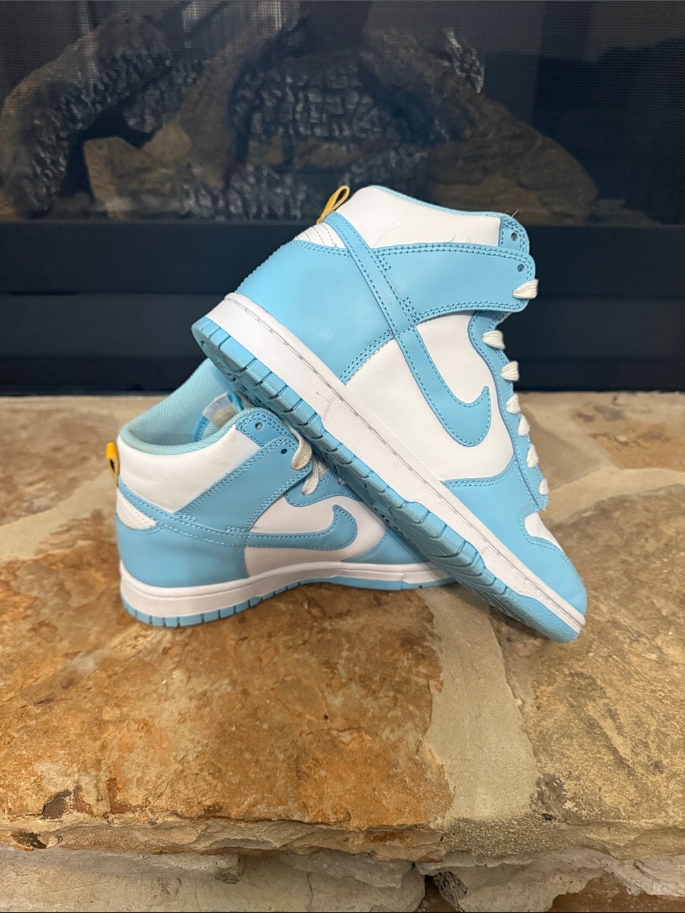 Nike Dunks High-Top Sneakers in White and Light Blue with Yellow Logo